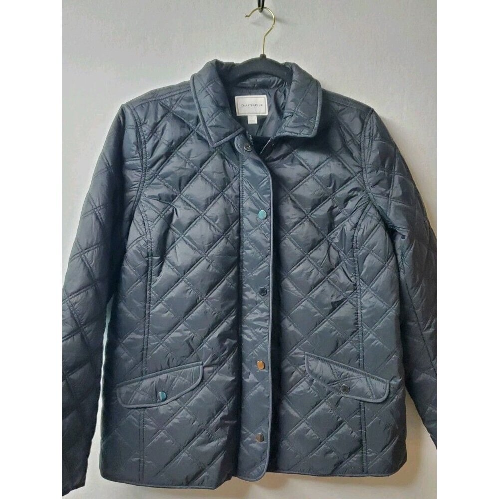 Charter Club Jacket Womens Size Large Black Quilted Lightweight Coat Collared